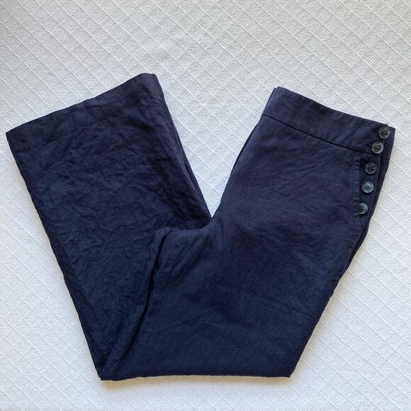 Talbots Greenwich Pant 100% Linen Wide Leg Trouser Navy High Waist Button Detail - Picture 1 of 12